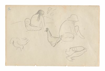 Skitser af siddende figurer og kyllinger (recto), nøgen kvindekrop (relateret til maleriet Te a no areois [Areoiens frø]) (verso), fra Carnet de Tahiti (tahitiansk skitsebog) af Paul Gauguin