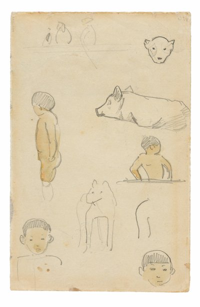 Skitser af stående figurer og dyr af Paul Gauguin