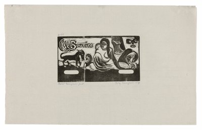 Tre mennesker, en maske, en ræv og en fugl, hovedbeklædning til Le sourire af Paul Gauguin