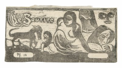 Tre mennesker, en maske, en ræv og en fugl, hovedbeklædning til Le sourire af Paul Gauguin