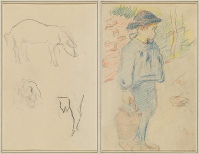 Tre undersøgelser af en gris; Bretonsk dreng går med en kande [recto] af Paul Gauguin