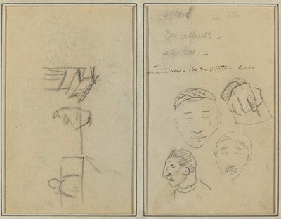 To Figurer og en Bænk; Tre undersøgelser af mænds hoveder og en af en hånd [recto] af Paul Gauguin