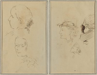 To hovedstudier og en sammenkrøbet nøgen kvinde; To kvinders hoveder og et barns hoved [recto] af Paul Gauguin