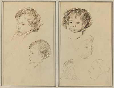 To Studier af et Barnehoved; To undersøgelser af et barns hoved, en kvinde i profil og en mand, der bryder et dyr [recto] af Paul Gauguin