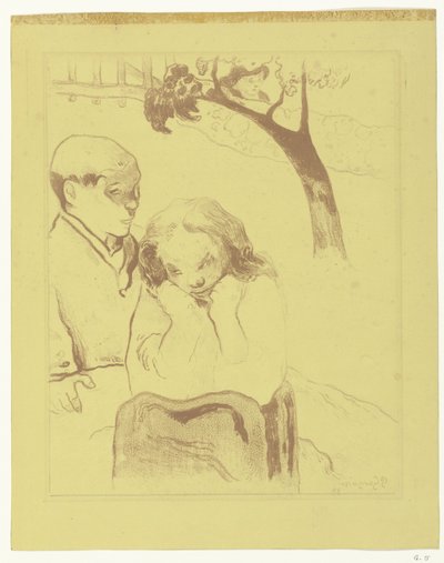 Trist kvinde sidder med en mand Menneskelig lidelse Miseres humaines af Paul Gauguin