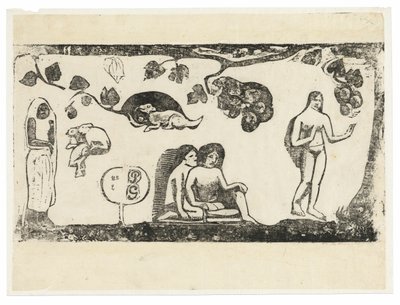 Kvinder, dyr og løv, fra Suite of Late Wood-Block Prints af Paul Gauguin