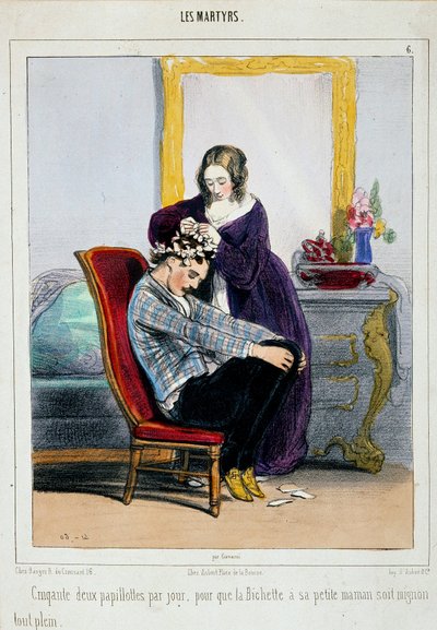 En mor sætter curlers på sin søn. Tegneserie af Paul Gavarni (1804-1866) Paris fra det 19. århundrede, dekorativ kunst af Paul Gavarni