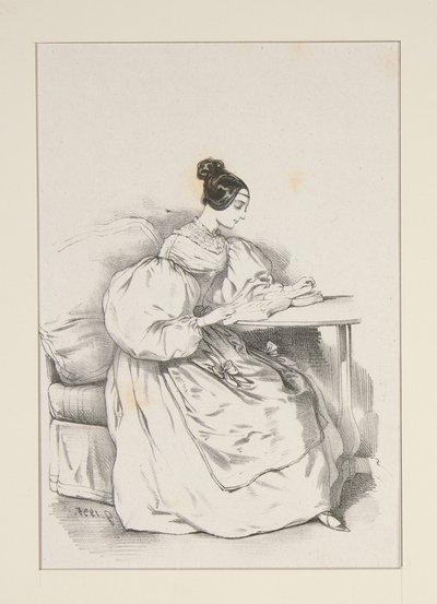 HJEMME. (September 1835) Kjole i skotsk batist,... af Paul Gavarni