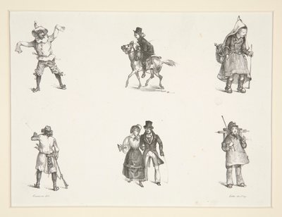 To emner og fire stående og stående figurer af Paul Gavarni