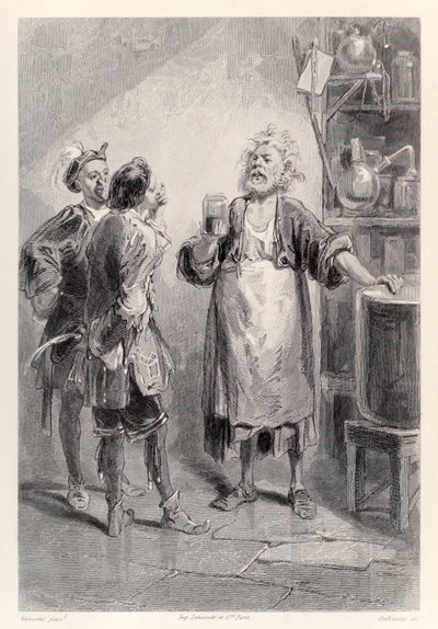 Gulliver træder ind i et rum i det store akademi i Lagado, der er fyldt med en frastødende lugt, fra den franske udgave af Gullivers Travels af Jonathan Swift af Paul Gavarni