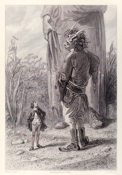 Gulliver møder Queens 30 fod høje dværg, der er glad for at have en i retten, der er mindre end ham at plage, fra den franske udgave af Gullivers Travels af Jonathan Swift af Paul Gavarni