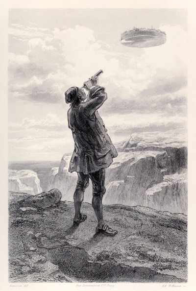 Gulliver ser den flyvende ø Laputa for første gang og undersøger den gennem sit teleskop, fra den franske udgave af Gullivers Travels af Jonathan Swift af Paul Gavarni