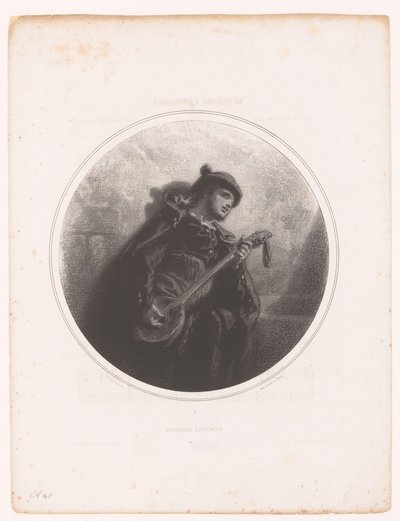Mand med banjo synger og spiller en serenade Serenade Espagnole (titel på objekt) Illustrationer til sangene af Jeanne Gavarni (serietitel) Illustrations des Mélodies de Madame Jeanne Gavarni (serietitel) af Paul Gavarni