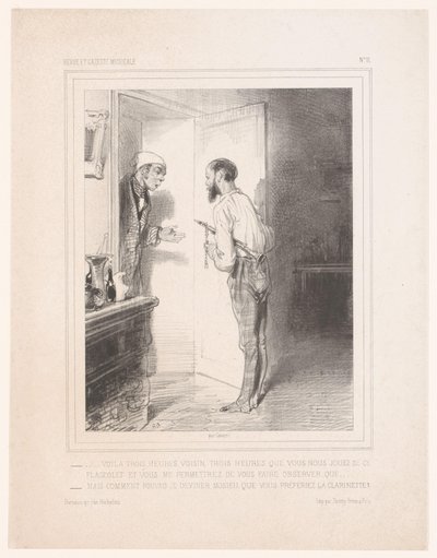 Mand henvender sig til nabo med flageolet Voilà trois heures voisin (...) (titel på objekt) af Paul Gavarni