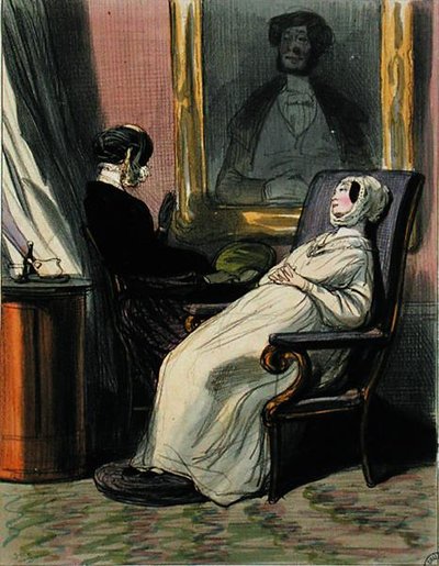Gravid kvinde med sin mor (farve litho) af Paul Gavarni