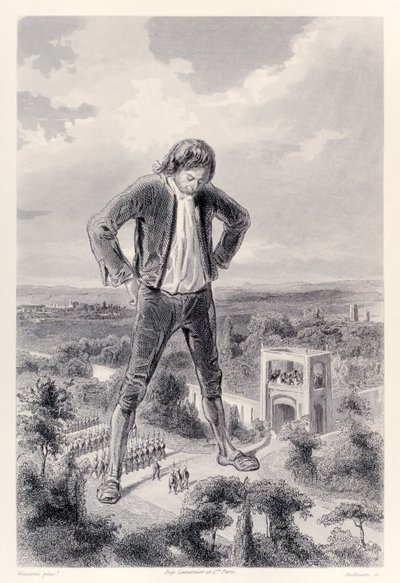 Den Lilliputianske hær marcherer mellem benene på Gulliver, fra den franske udgave af Gullivers Travels af Jonathan Swift af Paul Gavarni