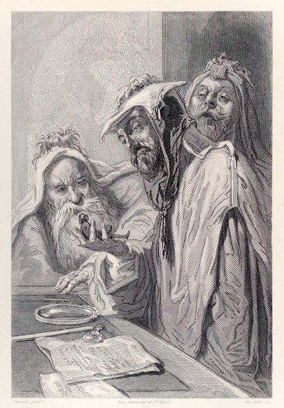 Forskerne fra Lordbruldrud undersøger Gulliverf fra den franske udgave af Gullivers Travels af Jonathan Swift af Paul Gavarni