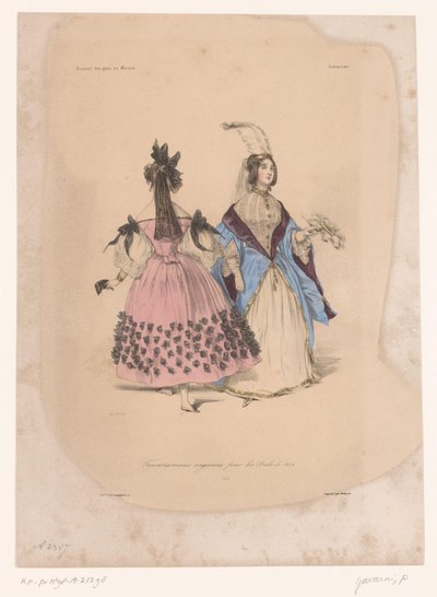 To kvinder i balkjoler Transvestissemens originaux pour les Bals de 1834 (titel på objekt) Fantasifuldt tøj (serietitel) Fantaisies (serietitel på objekt) af Paul Gavarni