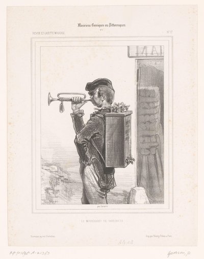 Sælger af haner spiller trompet Le marchand de robinets (titel på objekt) Komiske musikere (serietitel) Musicians Comiques ou Pittoresques (serietitel på objekt) af Paul Gavarni