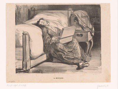 Kvinde i morgenkåbe med serinette La musique (titel på objekt) Muses (serietitel) Les Muses (serietitel) af Paul Gavarni