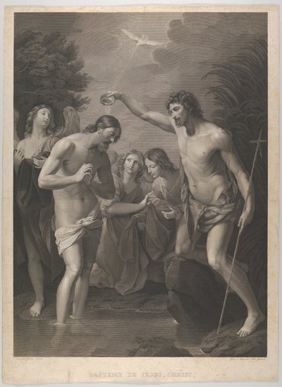 Kristi dåb, Johannes Døberen til højre og Kristus til venstre med sin ..., ca. 1815-72. af Paul Gleditsch