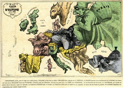 Drolatisk kort over Europa for 1870 af Paul Hadol