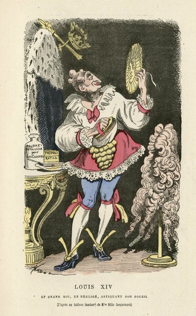 Illustration af Hadol (1835-1875) i Histoire de France tintamarresque, ca. 1880 - Makeup, Gammelt regime, Sol, paryk - Ludvig XIV af Paul Hadol