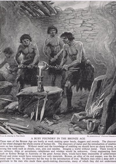 Et travlt støberi i bronzealderen, illustration fra "The Story of the British People", ca. 1950 af Paul Hardy