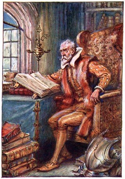 Han brugte sin tid på at læse bøger om riddernes vildveje, illustration fra "The Adventures of Don Quixote", udgivet af G. Bell und Sons, Ltd., 1911 af Paul Hardy