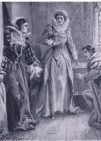 Dronning Mary Elizabeth og Courtenay Jeg vil besvare det spørgsmål, råbte Mary, der smed Arras til side, illustration fra The Worlds Library of Best Books, ca. 1940 af Paul Hardy