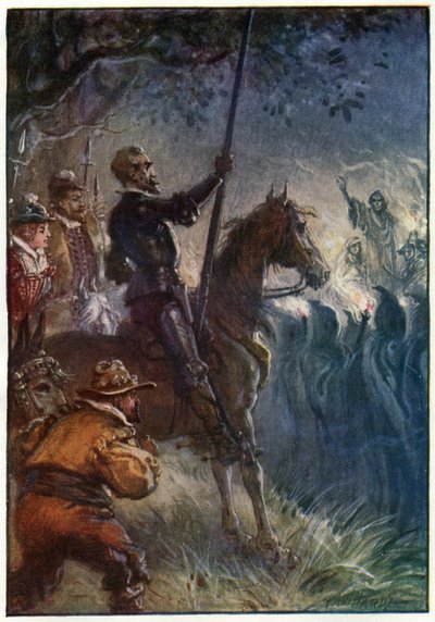 Så rejste figuren i kjolen sig op, illustration fra "The Adventures of Don Quixote", udgivet af G. Bell und Sons, Ltd., 1911 af Paul Hardy