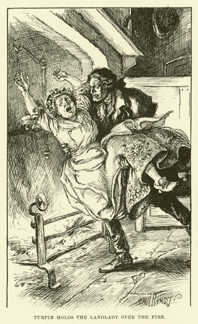 Turpin holder værtinden over ilden (gravering) af Paul Hardy