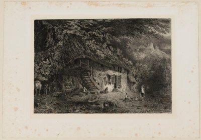 Normandisk stråtagshus med ruinerne af slottet i Arcques. Beraldi 79 IFF 31 af Paul Huet