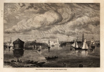 Indgangen til havnen i New York, tegning af Paul Huet (1803-1869), for at illustrere rejserne til Nordamerika i 1854-1855, af L. Deville. Stik i “” Le tour du monde”” 1861. Selvas samling. af Paul Huet