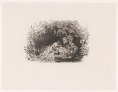 Titeltryk med læsende mand med hund i en skov Forskellige forestillinger af Paul Huet (serietitel) Six Eaux-Fortes (serietitel) af Paul Huet