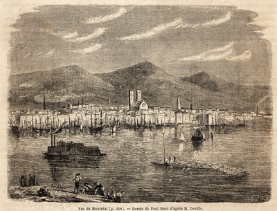 Udsigt over Montreal, tegning af Paul Huet (1803-1869), for at illustrere rejserne til Nordamerika i 1854-1855, af L. Deville. Stik i “” Le tour du monde”” 1861. Selvas samling. af Paul Huet