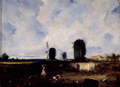 Vindmøller på sletterne i Montrouge, ca. 1820 (olie på lærred) af Paul Huet