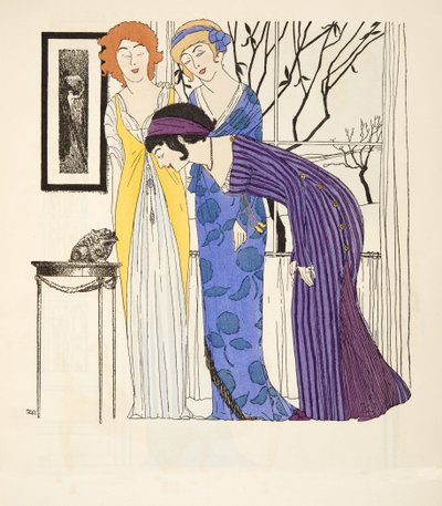 Tre empire linje kjoler fra Les Robes de Paul Poiret pub. 1908 (stenciltryk) af Paul Iribe