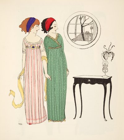 To empire linje dagskjoler fra Les Robes de Paul Poiret pub. 1908 (stenciltryk) af Paul Iribe