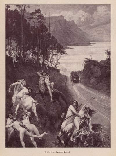Satyrer og nymfer skræmt af en bil (gravering) af Paul Jean Gervais