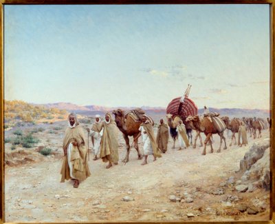 En karavane i ørkenen nær Biskra i Algeriet i 1892 Maleri af Jean Baptiste Paul Hippolyte Lazerges, dit Paul Lazerges (1845-1902) 1892 Søn. 0,81x1,01 m Nantes, musee des Beaux Arts - En campingvogn i ørkenen nær Biskra, Algeriet af Paul John Baptiste Lazerges