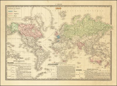 Fransk verdenskort fra 1840, der viser de britiske, franske og russiske imperiers territorier af Paul Kaeppelin