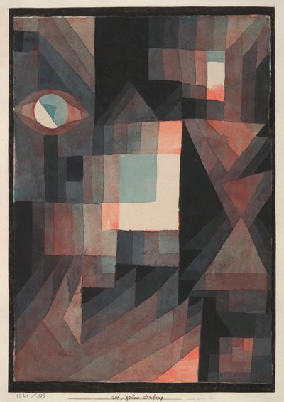 Abstrakt. Rød/grøn graduering [med nogle cinnibar i lodret format] af Paul Klee