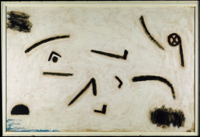 Uden titel (skilte på sort baggrund), C.1940 (farve og lim på papir) af Paul Klee
