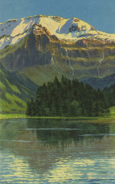 Swiss Spas: Lenk i S, Lake of Lenk og Wildstrubel (farve litho) af Paul Kutscha
