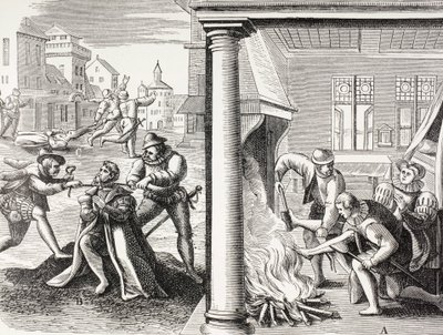 Propaganda fra det 16. århundrede, der illustrerer de franske huguenoters vold mod katolikkerne. af Paul Lacroix