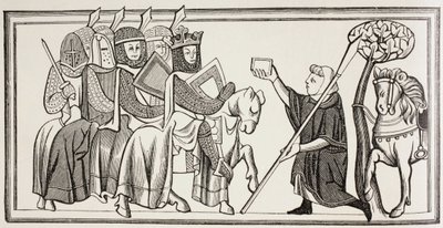 En budbringer ankommer med en besked til en konge, der står i spidsen for sin hær. Efter en illustration i en Ms fra det 13. århundrede. af Paul Lacroix