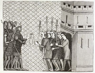 Efter erobringen af en by i det 14. århundrede overgiver garnisonen sig og kaster sig i armene på deres tilfangetagere. Efter en miniature fra det 14. århundrede i Histoire Du Monde. af Paul Lacroix