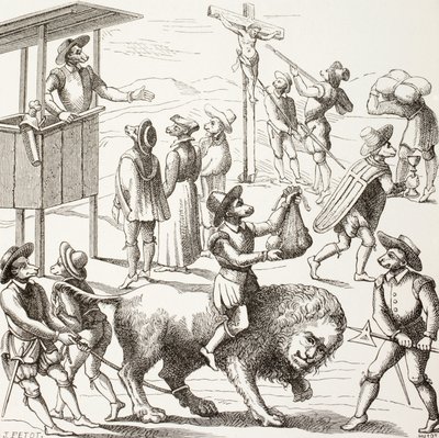 Allegorisk billede af overdrivelser, der siges at være begået af huguenotterne. Den tamme løve repræsenterer et Frankrig, der er reduceret af kætterne og deres praksis. af Paul Lacroix