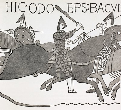 Biskop Edues holder sin embedsstav og opmuntrer hertugen af Normandiets soldater i slaget ved Hastings. Efter en detalje i Bayeux-tapetet. af Paul Lacroix